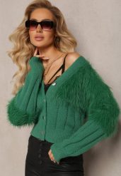 Ciemnozielony Kardigan z Włochatą Dzianiną Przy Dekolcie i Rękawach Saccina. Zielone kardigany Renee, bez wzorów, z dzianiny. Za 89.99 zł.