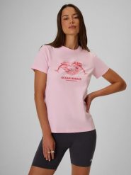 4F T-shirt regular z nadrukiem damski - różowy L. Czerwone koszulki sportowe 4f, bez wzorów, z bawełny, bez ramiączek. Za 59.99 zł.