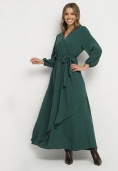 Zielona Kopertowa Asymetryczna Sukienka Koktajlowa z Wiskozą Ozdobiona Paskiem Lanoresa. Zielone sukienki Born2be, na imprezę, xl, bez wzorów, z wiskozy, eleganckie, z asymetrycznym kołnierzem, bez ramiączek, maxi, asymetryczne. Za 99.99 zł.