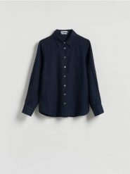 Lniana koszula - granatowy. Niebieskie koszule Reserved, l, bez wzorów, z tkaniny, bez kołnierzyka, bez ramiączek. Za 149.99 zł.