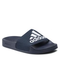 Klapki adidas. Niebieskie klapki Adidas, bez wzorów, bez obcasa. Za 89.99 zł.