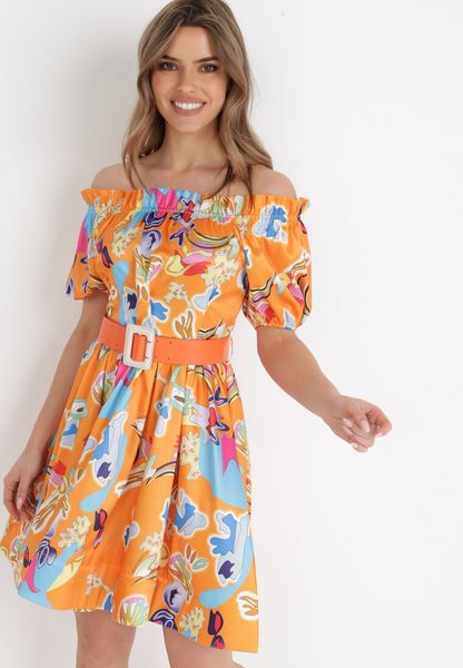 Pomarańczowa Sukienka Satynowa Theophanthe. Brązowe sukienki Born2be, na wesele, m, z aplikacjami, z satyny, bez kołnierzyka, bez ramiączek, mini, rozkloszowane. Za 199.99 zł.