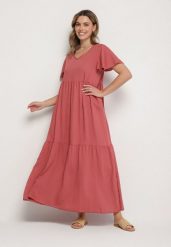 Ciemnoróżowa Wiskozowa Sukienka Rozkloszowana z Dekoltem V Natilenia. Czerwone sukienki Born2be, na co dzień, l, bez wzorów, z wiskozy, eleganckie, bez kołnierzyka, bez ramiączek, midi, rozkloszowane. Za 64.99 zł.