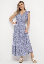 Niebieska Bawełniana Sukienka z Metalicznym Nadrukiem z Gumkami w Pasie z Kopertowym Dekoltem Folia. Niebieskie sukienki Born2be, na imprezę, l, bez wzorów, z bawełny, klasyczne, bez kołnierzyka, bez ramiączek, maxi, kopertowe. Za 79.99 zł.