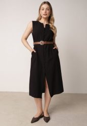 Czarna Taliowana Sukienka z Bawełną i Wiskozą Ozdobiona Paskiem Luven. Czarne sukienki Born2be, na co dzień, l, bez wzorów, z bawełny, eleganckie, bez kołnierzyka, bez ramiączek, midi, proste. Za 139.99 zł.