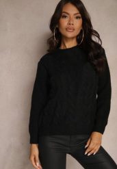 Czarny Sweter z Bawełną Ozdobiony Tłoczeniem Savariella. Czarne swetry Renee, bez wzorów, z bawełny, bez ramiączek. Za 59.99 zł.