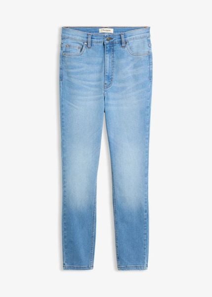 Jeansy skinny, high waist, cropped. Niebieskie jeansy bonprix, bez wzorów, z podwyższonym stanem. Za 99.99 zł.