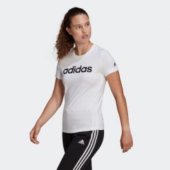 Essentials Slim 3-Stripes Tee. Białe bluzki Adidas, bez wzorów, bez ramiączek, na jogę i pilates. Za 103.00 zł.