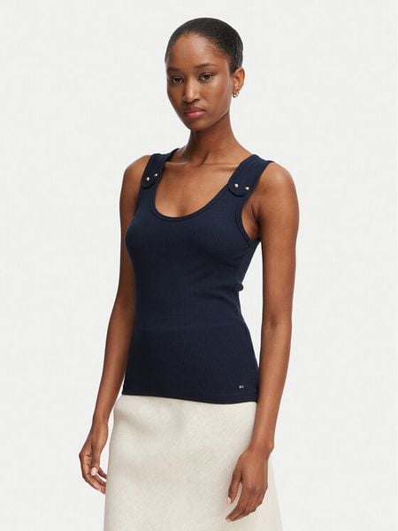 Tommy Hilfiger Top WW0WW52112 Granatowy Slim Fit. Niebieskie topy TOMMY HILFIGER, xxs, bez wzorów, z wiskozy, bez kołnierzyka, bez ramiączek. Za 249.99 zł.