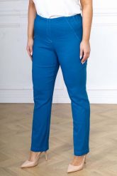 Spodnie Nilda z prostą nogawką INDYGO wysoki stan PLUS SIZE XXL. Niebieskie spodnie materiałowe Nasi partnerzy, do pracy, plus size, bez wzorów, z elastanu, z podwyższonym stanem, plus size, krótkie. Za 159.90 zł.