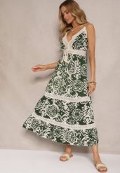 Zielona Sukienka z Bawełny o Rozkloszowanym Kroju w Etniczny Print Taliraya. Zielone sukienki Renee, na co dzień, na lato, l, bez wzorów, z bawełny, bez kołnierzyka, bez ramiączek, midi, rozkloszowane. Za 49.99 zł.