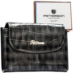 Szary portfel damski ze skóry ekologicznej z tłoczeniem na wzór skóry krokodyla - Peterson. Szare portfele Peterson, z aplikacjami, ze skóry ekologicznej. Za 89.99 zł.