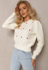 Beżowy Klasyczny Sweter ze Ściągaczami i Ozdobnymi Haftami Reani. Brązowe swetry Renee, m, bez wzorów, z jeansu, bez ramiączek. Za 84.99 zł.