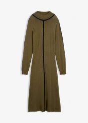 Sukienka dzianinowa z mieszanki wiskozy z kontrastowymi detalami. Zielone sukienki bonprix, bez wzorów, z dzianiny, bez kołnierzyka, bez ramiączek, midi. Za 159.99 zł.