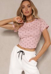 Różowy T-shirt z Bawełny Ozdobiony Brokatem Olindara. Czerwone t-shirty Renee, m, z aplikacjami, z bawełny, bez kołnierzyka, bez ramiączek. Za 49.99 zł.