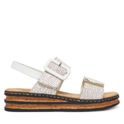 Sandały Rieker. Białe sandały Rieker, bez wzorów, bez obcasa, na koturnie, bez zapięcia. Za 259.99 zł.