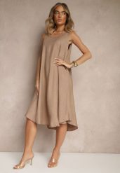 Ciemnobeżowa Basicowa Sukienka o Rozkloszowanym Kroju Mevolira. Brązowe sukienki Renee, na co dzień, l, bez wzorów, eleganckie, bez kołnierzyka, bez ramiączek, midi, rozkloszowane. Za 44.99 zł.