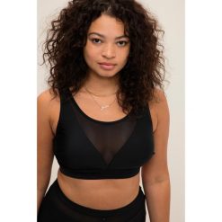 Top bikini, miękkie miseczki, siateczkowe wstawki. Czarne bielizna sportowa Ulla Popken, plus size, bez wzorów, z elastanu. Za 143.99 zł.