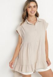Beżowa Koszula Ozdobiona Falbanką Novelissa. Brązowe koszule Born2be, bez wzorów, z jeansu, eleganckie, bez kołnierzyka, bez ramiączek. Za 84.99 zł.