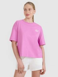 4F T-shirt regular z nadrukiem damski - różowy S. Czerwone t-shirty 4f, s, bez wzorów, z bawełny, bez kołnierzyka, bez ramiączek. W wyprzedaży za 39.99 zł.
