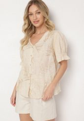 Jasnobeżowa Bawełniana Koszula Zapinana na Guziki z Haftem i Przeszyciami Ozdobną Nicią Varavia. Brązowe koszule Born2be, m, bez wzorów, z bawełny, bez kołnierzyka, bez ramiączek. Za 79.99 zł.