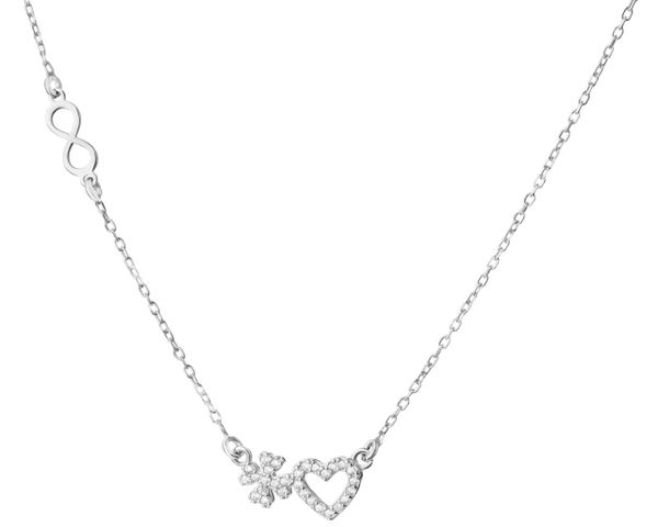 Naszyjnik srebrny z cyrkoniami - serce, koniczyna, nieskończoność. Szare naszyjniki Apart, z cyrkonią, srebrne. W wyprzedaży za 146.30 zł.
