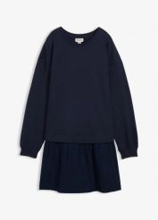 Sukienka dresowa z dołem z tkaniny. Zielone sukienki bonprix, bez wzorów, z dresówki, bez kołnierzyka, bez ramiączek. Za 124.99 zł.