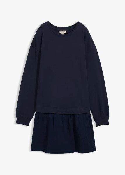Sukienka dresowa z dołem z tkaniny. Zielone sukienki bonprix, bez wzorów, z dresówki, bez kołnierzyka, bez ramiączek. Za 112.99 zł.