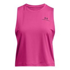 Damski crop top Under Armour Rush Energy. Czarne topy Under Armour, xs, bez wzorów, z elastanu, bez kołnierzyka, bez ramiączek. Za 222.50 zł.