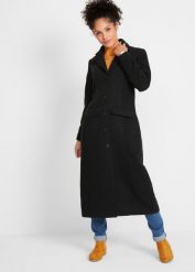 Długi płaszcz z materiału w optyce wełny. Czarne płaszcze bonprix, bez wzorów, z wełny, bez kaptura. Za 299.99 zł.