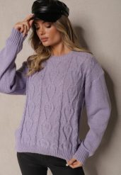 Ciemnofioletowy Sweter z Wełną Ozdobnym Splotem i Ściągaczem Nariae. Fioletowe swetry Renee, uniwersalny, bez wzorów, z jeansu, bez ramiączek. Za 54.99 zł.
