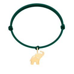 Bransoletka z pozłacaną zawieszką w kształcie słonia na grubym sznurku w kolorze butelkowej zieleni. Zielone bransoletki Lilou, pozłacane. Za 129.00 zł.