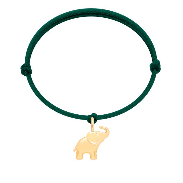 Bransoletka z pozłacaną zawieszką w kształcie słonia na grubym sznurku w kolorze butelkowej zieleni. Zielone bransoletki Lilou, pozłacane. Za 129.00 zł.