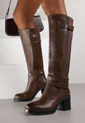 Brązowe Kozaki na Słupku Zdobione Paskami z Klamrami i Elastyczną Wstawką Unelisa. Brązowe kozaki Born2be, z jeansu, bez obcasa, na obcasie, bez zapięcia. Za 209.99 zł.