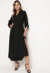 Czarna Rozpinana Sukienka Koszulowa z Regulowanymi Rękawami Grimoire. Czarne sukienki Born2be, na co dzień, l, bez wzorów, eleganckie, bez kołnierzyka, bez ramiączek, maxi, koszulowe. Za 109.99 zł.