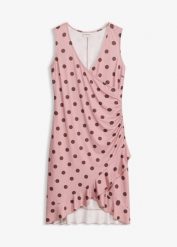 Sukienka z dżerseju z głębokim dekoltem. Czerwone sukienki bonprix, bez wzorów, z dżerseju, eleganckie, bez kołnierzyka, bez ramiączek. Za 59.99 zł.