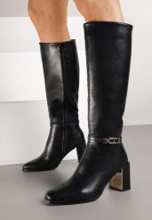 Czarne Kozaki na Słupkowym Obcasie Zdobione Elegancką Aplikacją Sarale. Czarne kozaki Renee, na jesień, bez obcasa, na obcasie, bez zapięcia. Za 169.99 zł.