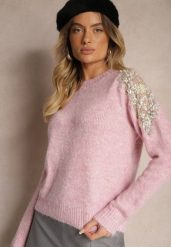 Różowy Sweter z Przezroczystymi Wstawkami z Cyrkoniami Perełkami i Cekinami z Wełną Tiarinae. Czerwone swetry Renee, bez wzorów, z jeansu, bez ramiączek. Za 159.99 zł.