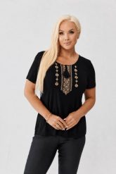 Czarna bawełniana bluzka z miodowym haftem krzyżykowym OVERSIZE PLUS SIZE WIOSNA LATO. Czarne bluzki Moda Size Plus Iwanek, l, z aplikacjami, z bawełny, biznesowe, bez kołnierzyka, plus size, bez ramiączek. Za 129.90 zł.