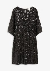 Sukienka oversized z cekinami. Czarne sukienki bonprix, bez wzorów, bez kołnierzyka, bez ramiączek, mini. Za 139.99 zł.