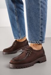 Brązowe Półbuty Mokasyny w Stylu Boat Shoes ze Sznurowaniem Balmitar. Brązowe mokasyny Renee, bez wzorów, z jeansu, bez obcasa. Za 119.99 zł.