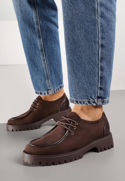 Brązowe Półbuty Mokasyny w Stylu Boat Shoes ze Sznurowaniem Balmitar. Brązowe mokasyny Renee, bez wzorów, z jeansu, bez obcasa. Za 129.99 zł.