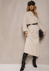 Jasnobeżowa Pudełkowa Sukienka z Wiskozą i Półgolfem Salindra. Brązowe sukienki Renee, bez wzorów, z wiskozy, eleganckie, bez kołnierzyka, bez ramiączek, midi, kopertowe. Za 119.99 zł.