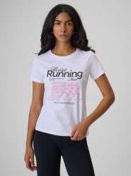 4F T-shirt slim z nadrukiem damski - biały L. Białe t-shirty 4f, l, bez wzorów, z bawełny, bez kołnierzyka, bez ramiączek. Za 59.99 zł.