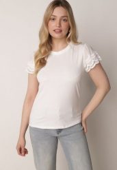 Biały Bawełniany T-shirt z Koronkowymi Rękawami Carilynore. Białe t-shirty Born2be, m, bez wzorów, z bawełny, bez kołnierzyka, bez ramiączek. Za 59.99 zł.