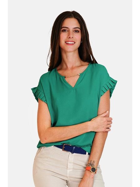 ASSUILI Bluzka w kolorze zielonym rozmiar: 38. Zielone bluzki Assuili, bez wzorów, klasyczne, bez kołnierzyka, bez ramiączek. Za 100.99 zł.