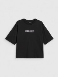 4F T-shirt oversize z nadrukiem damski - czarny S. Czarne t-shirty 4f, s, bez wzorów, bez kołnierzyka, bez ramiączek. Za 59.99 zł.