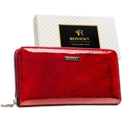 Duży portfel damski na suwak czerwony lakierowany ze skóry naturalnej i ekologicznej RFID STOP Rovicky RPN-25-YM. Czerwone portfele ROVICKY, bez wzorów, z lakierowanej skóry. Za 74.99 zł.