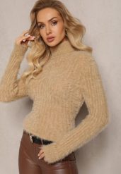 Beżowy Golf z Puchatego Materiału z Wełną i Długim Rękawem Geolla. Brązowe golfy Renee, bez wzorów, z wełny, bez ramiączek. Za 39.99 zł.
