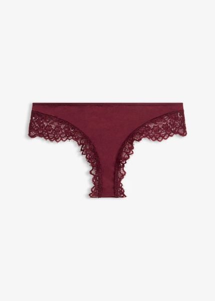 Figi brazylijskie z ozdobną koronką. Fioletowe figi bonprix, bez wzorów, z koronki. Za 37.99 zł.